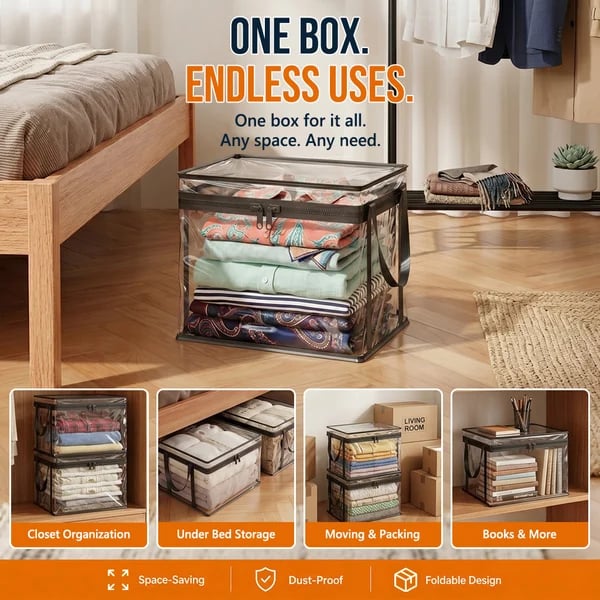 📦Large Heavy-Duty Soft Thick Plastic Clear Storage Bag for Clothes, Moving & Storage
