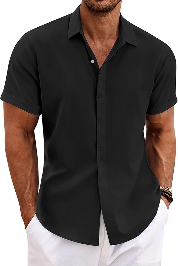 Men's Linen Shirts Short Sleeve Casual Shirts Button Down Shirt for Men Beach Summer Wedding Shirt