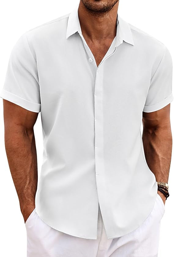 Men's Linen Shirts Short Sleeve Casual Shirts Button Down Shirt for Men Beach Summer Wedding Shirt