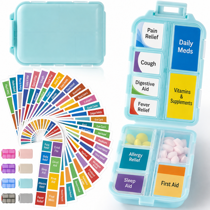 💊 Travel Pill Organizer with 200 Labels | 10 Compartments ✈️