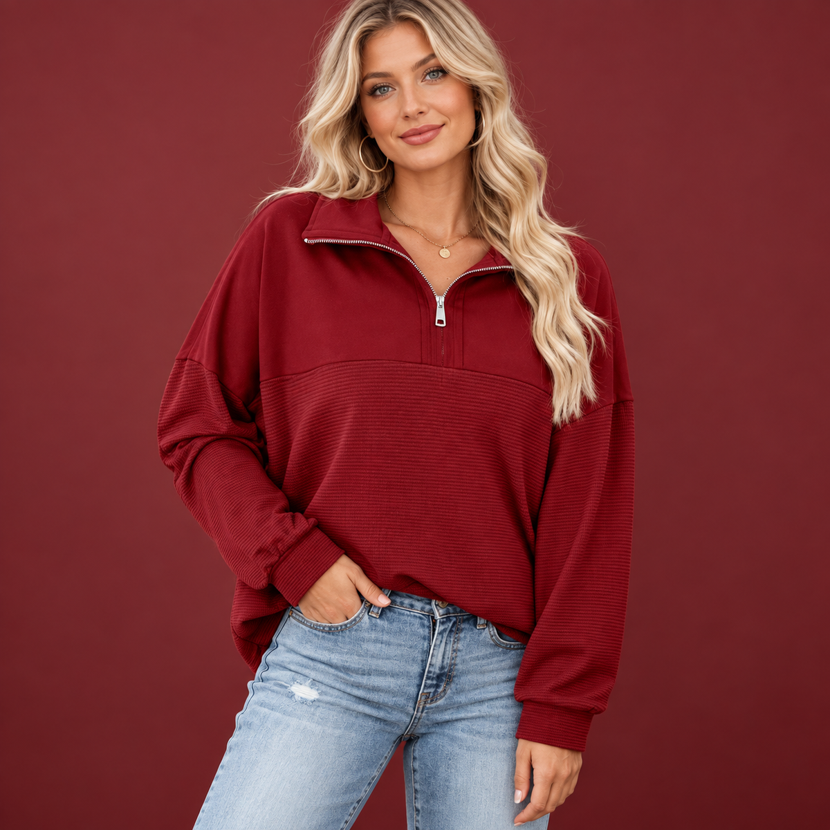 Women’s Oversized Waffle Knit Half-Zip Pullover