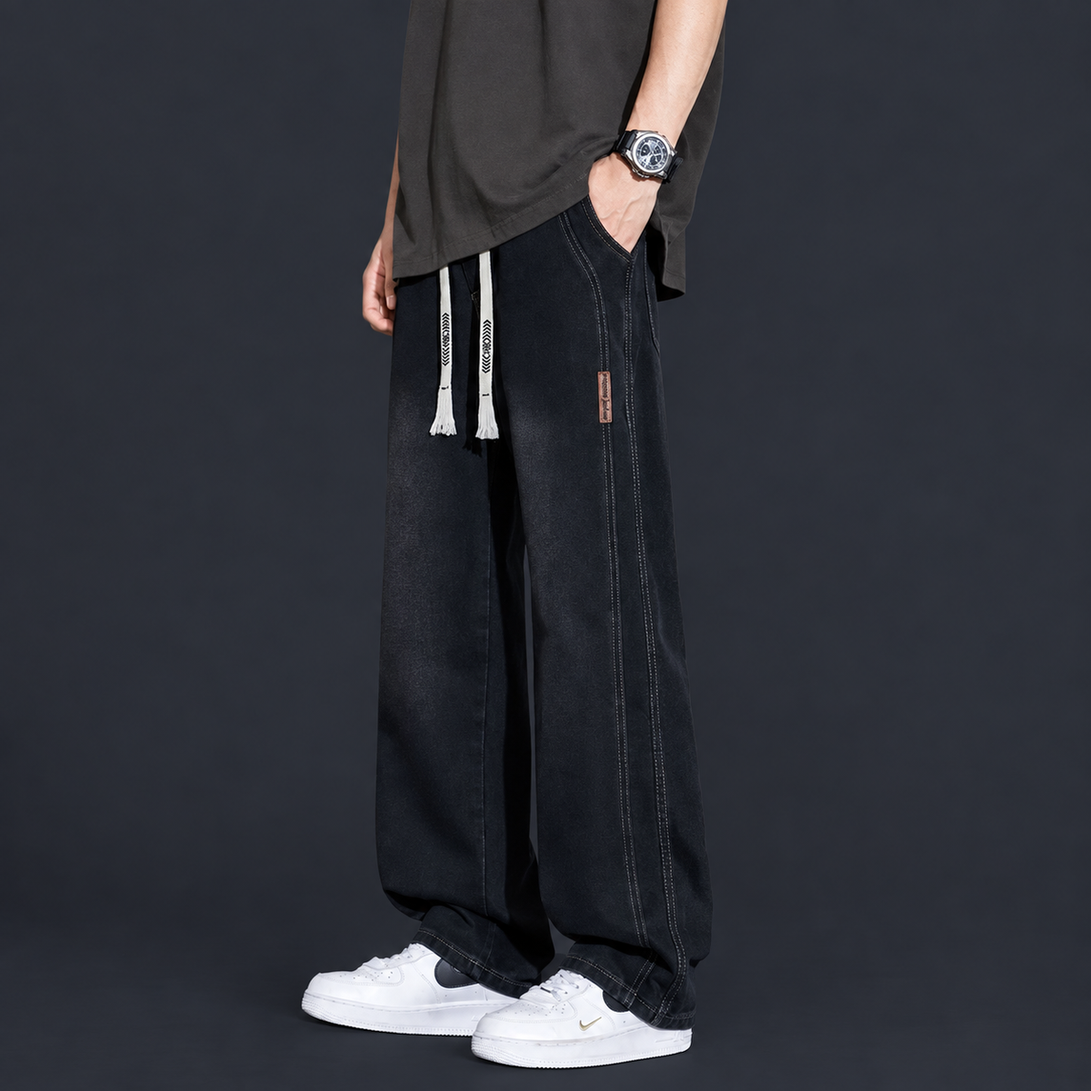 Men’s Relaxed Fit Drawstring Jeans – Stretch Wide-Leg Denim Pants