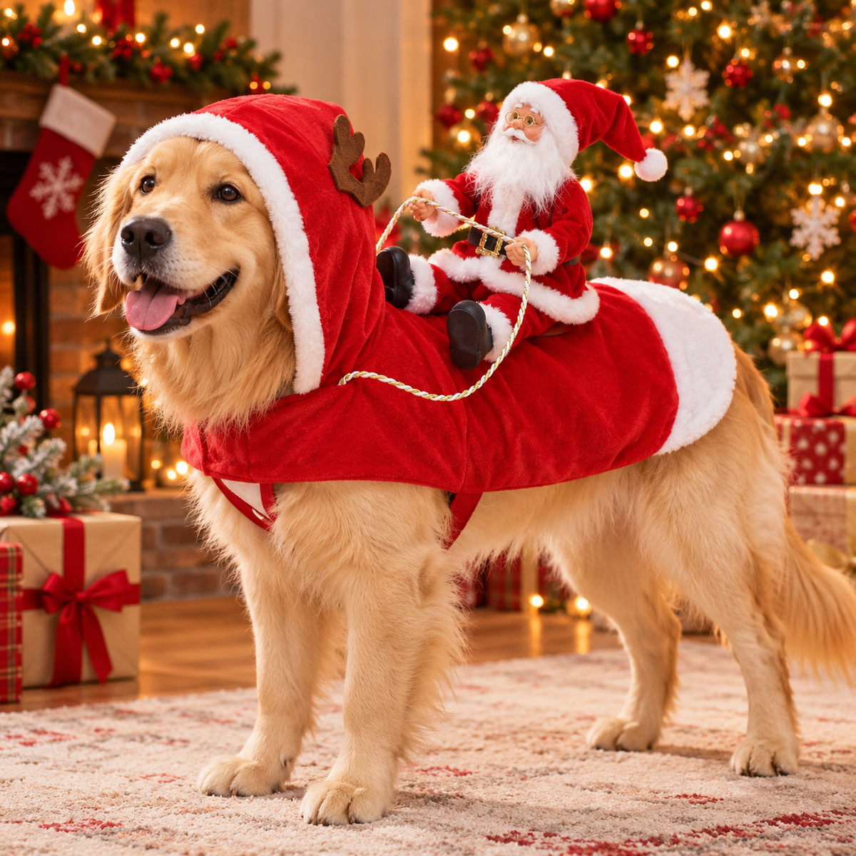 3D Santa Rider Dog Christmas Costume – Soft Fleece Reindeer Outfit