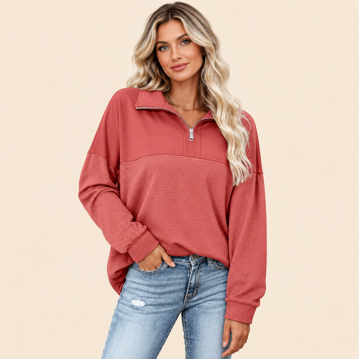 Women’s Oversized Waffle Knit Half-Zip Pullover