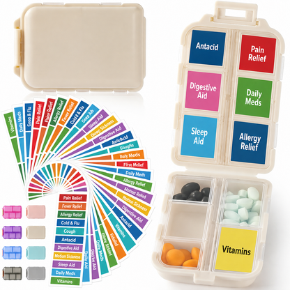 💊 Travel Pill Organizer with 200 Labels | 10 Compartments ✈️