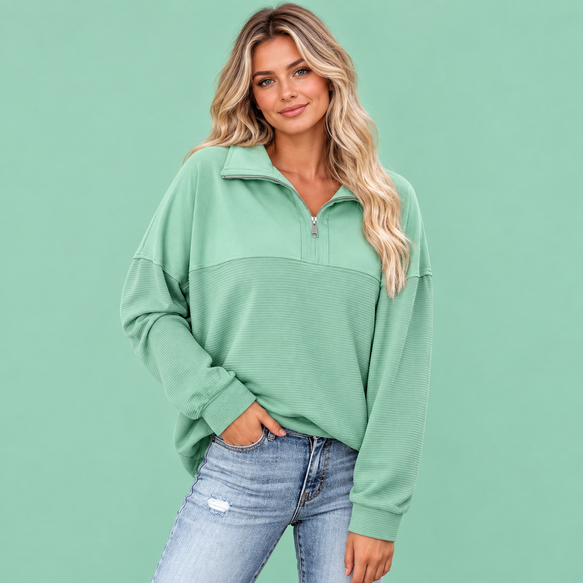 Women’s Oversized Waffle Knit Half-Zip Pullover