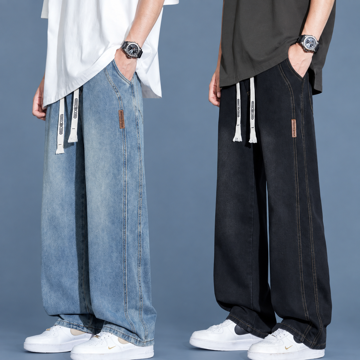 Men’s Relaxed Fit Drawstring Jeans – Stretch Wide-Leg Denim Pants