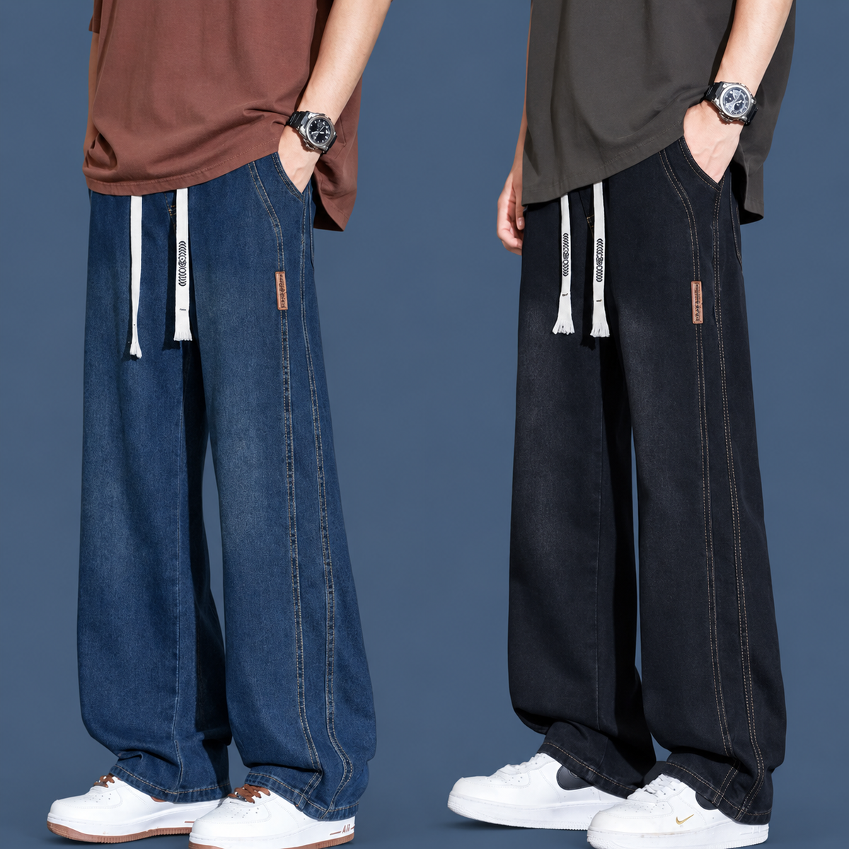 Men’s Relaxed Fit Drawstring Jeans – Stretch Wide-Leg Denim Pants