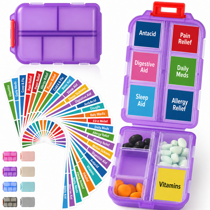 💊 Travel Pill Organizer with 200 Labels | 10 Compartments ✈️
