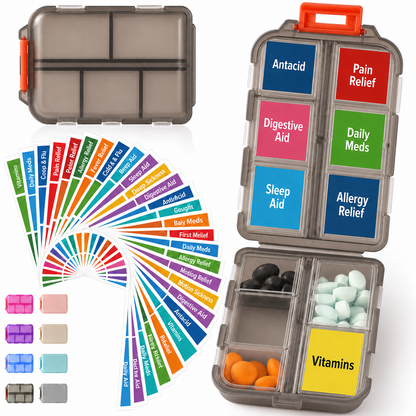 💊 Travel Pill Organizer with 200 Labels | 10 Compartments ✈️