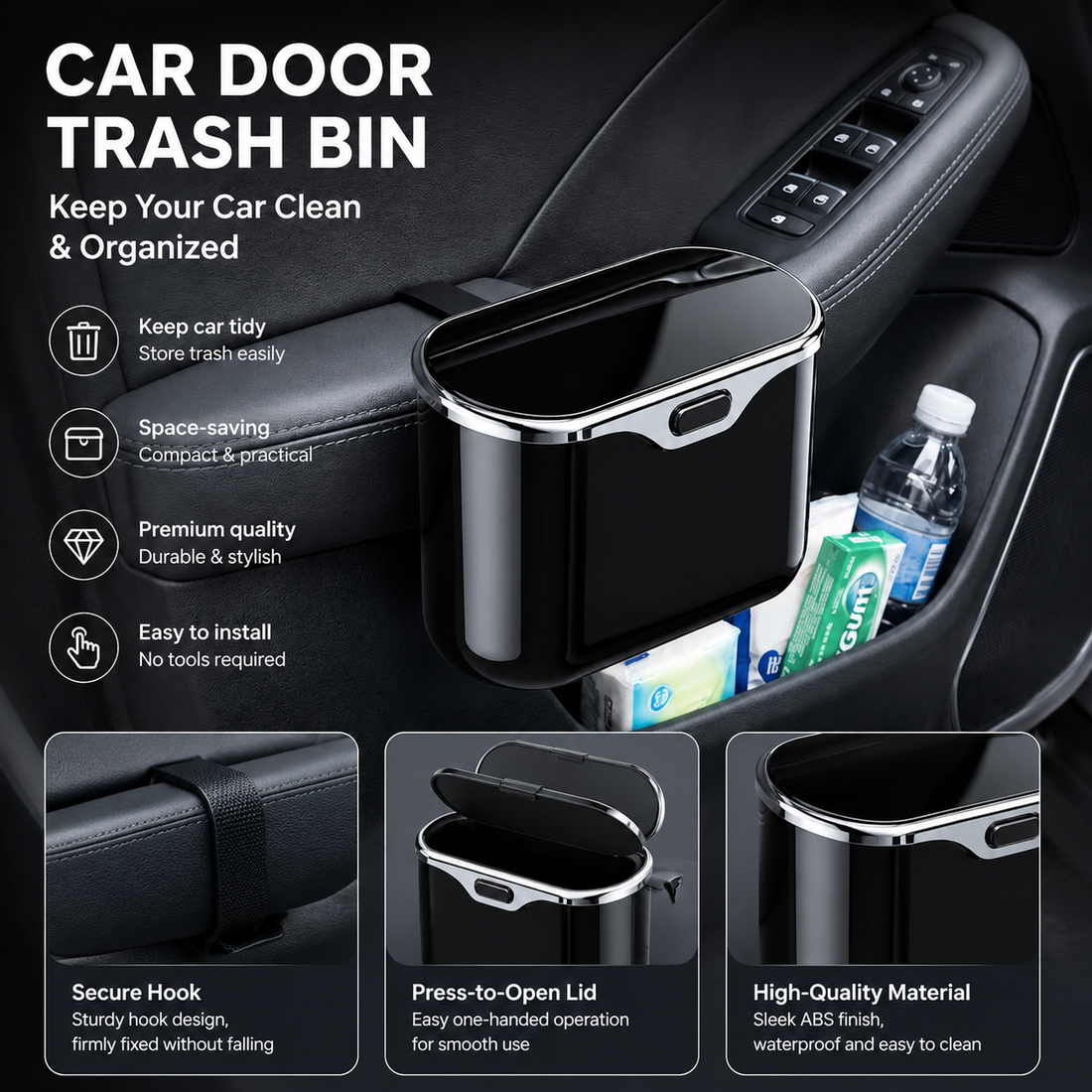 Black compact car door trash bin hanging beside the door pocket