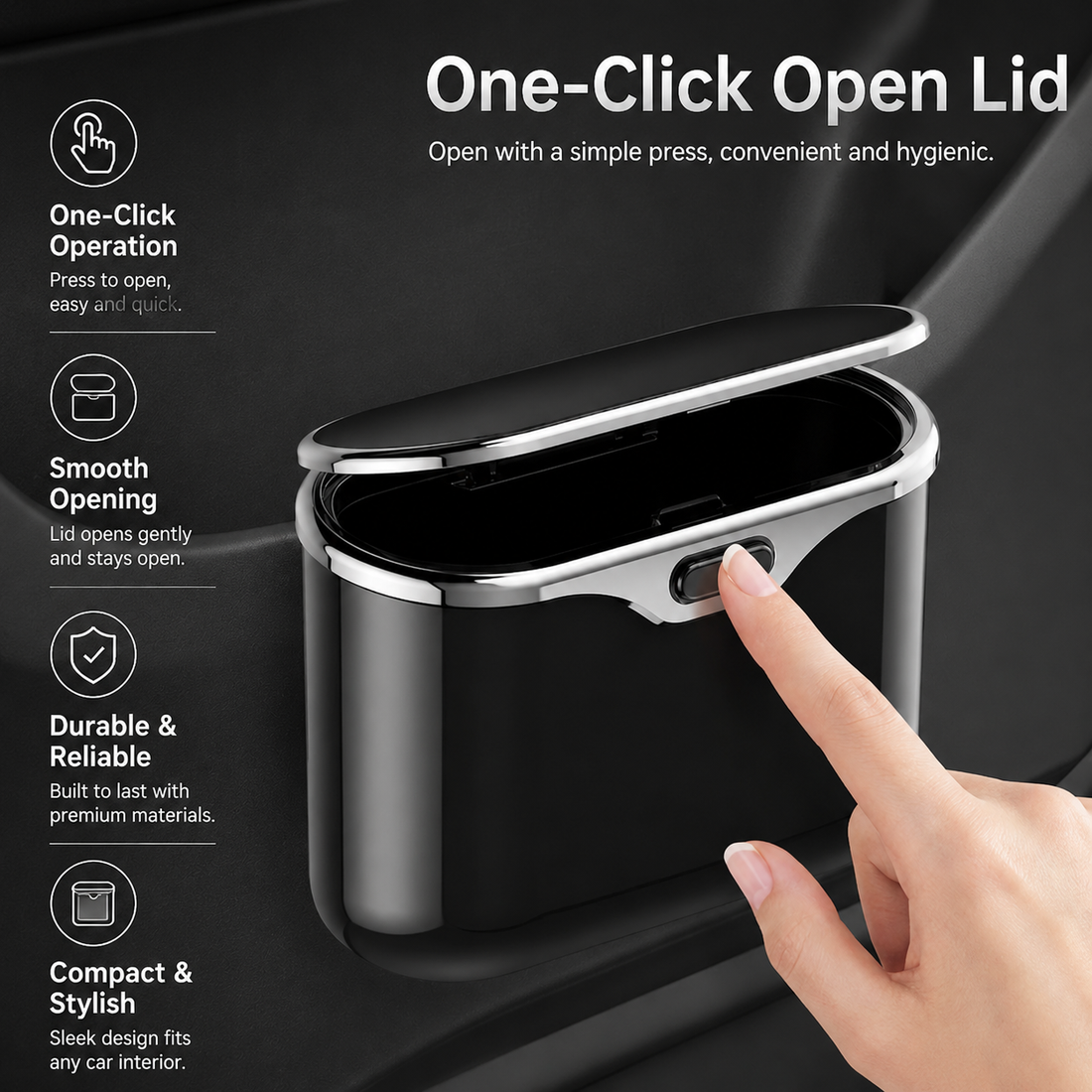 Finger pressing the button to open the black car trash bin lid